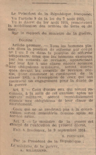 décret du 9 septembre 1914